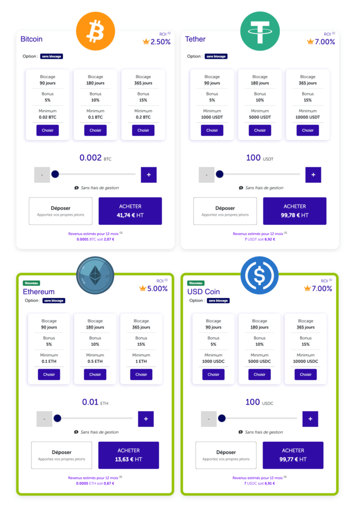 Les cryptomonnaies proposées dans l'offre de staking DeFi Feel Mining.